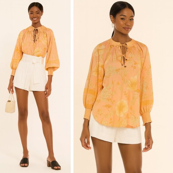 NEW Spell and the Gypsy Collective Sloan Bohemian Floral Peasant Blouse Peach - Picture 1 of 8